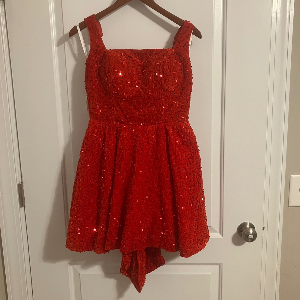 New Fashion Red Sequin Velvet Mini Dress Lace Up Back Oversized Bow Party Dance